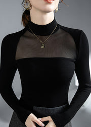 Sexy Black Turtleneck Solid Tulle Tops Bottoming Shirt