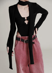 Sexy Black U Neck Hollow Out Knit Jumpsuit Long Sleeve