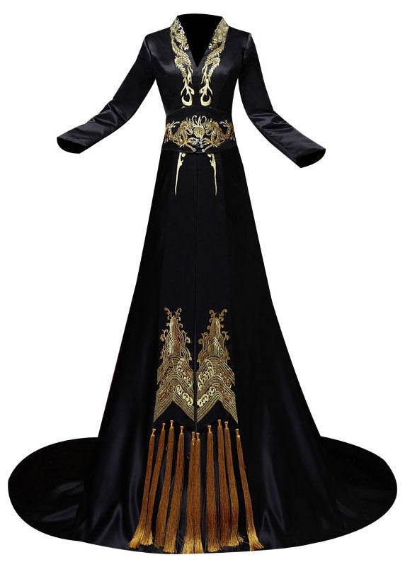 Sexy Black V Neck Embroidered Silk Maxi Dress Long Sleeve
