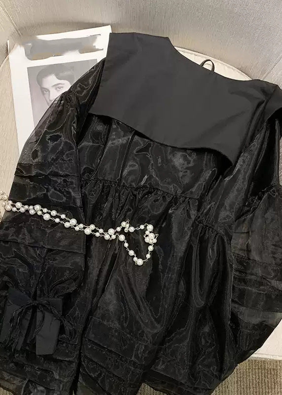 Sexy Black V Neck Tulle Mid Dresses Long Sleeve