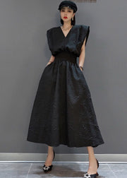 Sexy Black V Neck Tunic Print Pockets Dress Sleeveless