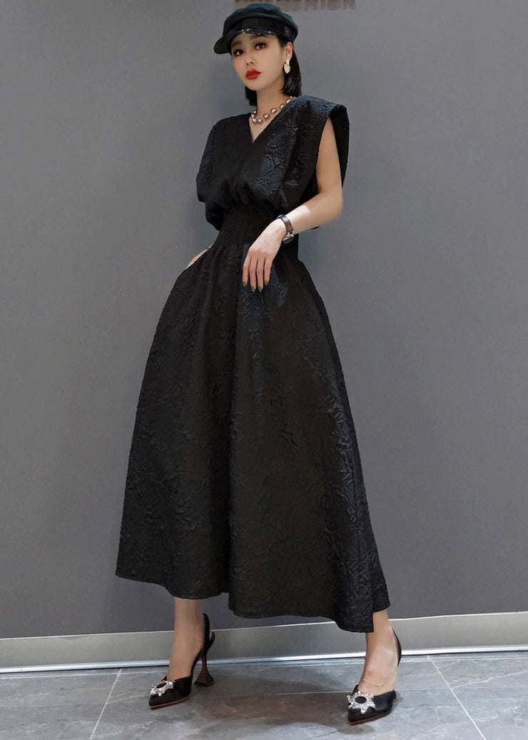 Sexy schwarzes Kleid mit V-Ausschnitt, Tunika und Taschen, ärmellos