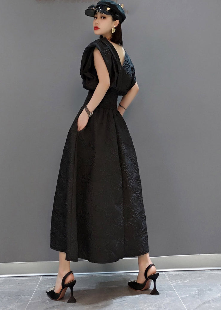 Sexy schwarzes Kleid mit V-Ausschnitt, Tunika und Taschen, ärmellos