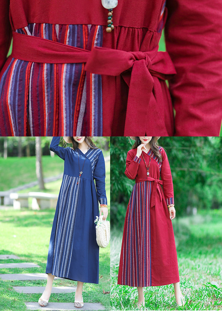 Sexy Blue V Neck Striped Patchwork Linen Long Dress Spring