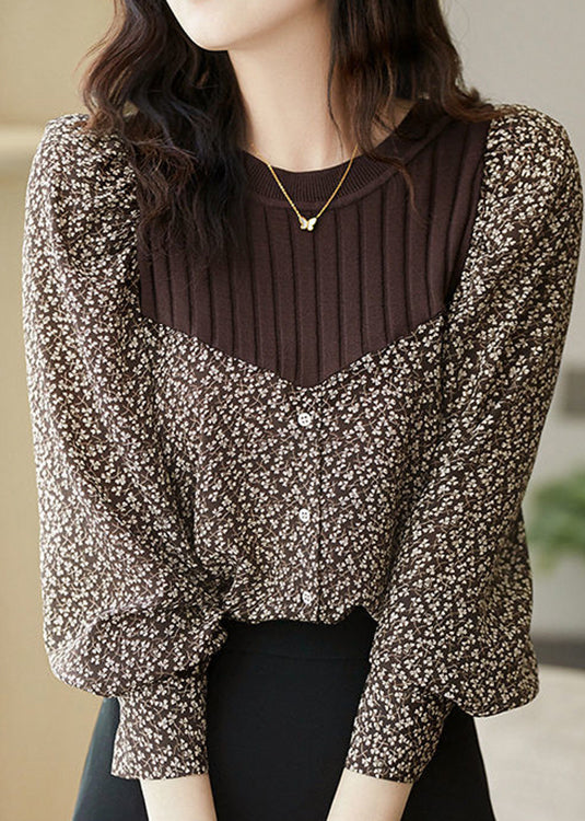Sexy Brown O-Neck Print Patchwork Button Knit Shirt Long Sleeve