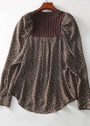 Sexy Brown O-Neck Print Patchwork Button Knit Shirt Long Sleeve