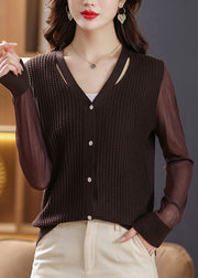 Sexy Coffee V Neck Patchwork Ice Size Knit Cardigan Fall