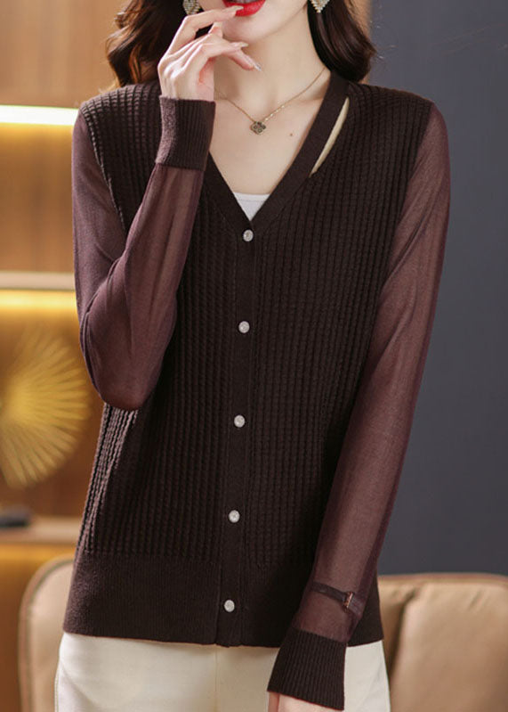 Sexy Coffee V Neck Patchwork Ice Size Knit Cardigan Fall