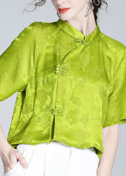 Sexy Grass Green Stand Collar Button Silk Top Short Sleeve