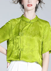 Sexy Grass Green Stand Collar Button Silk Top Short Sleeve