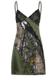 Sexy Green Backless Print Lace Patchwork Spaghetti Strap Mid Dress Sleeveless