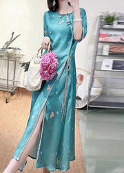 Sexy Green O-Neck Embroidered Floral Side Open Tie Waist Button Silk Long Dresses Half Sleeve