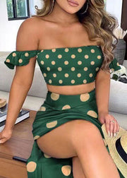 Sexy Green Off The Shoulder Dot Print Cotton Two Piece Set Summer