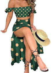 Sexy Green Off The Shoulder Dot Print Cotton Two Piece Set Summer