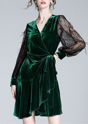 Sexy Green V Neck Tulle Patchwork Tie Waist Silk Velour Holiday Mid Dress Spring