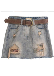 Sexy Grey High Waist Tassel Pockets Cotton Denim Ripped Skirts Summer