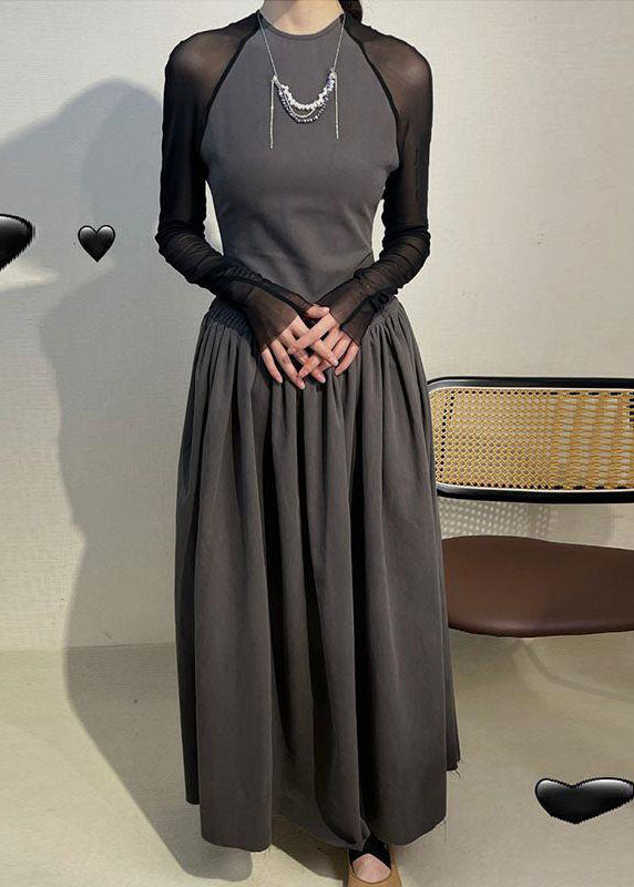 Sexy Grey O-Neck Wrinkled Tulle Patchwork Long Dress Long Sleeve