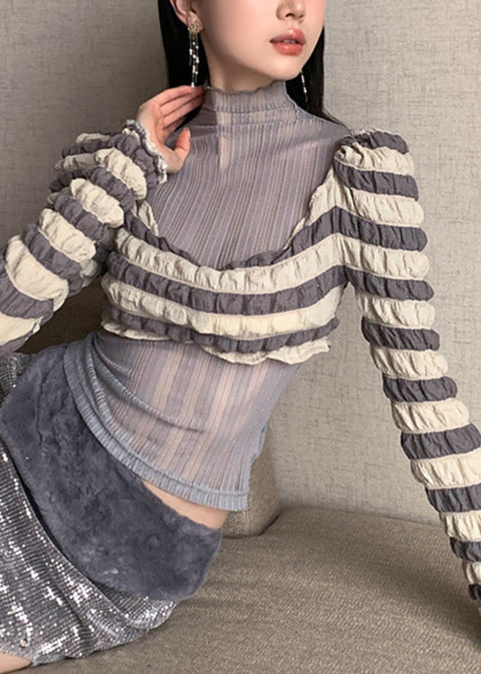 Sexy Grey Turtleneck Patchwork Tulle T Shirts Long Sleeve