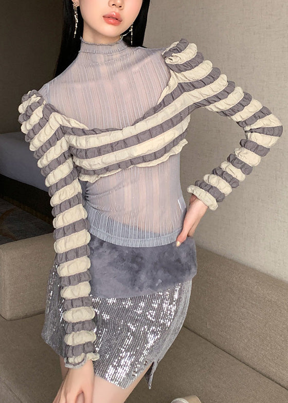 Sexy Grey Turtleneck Patchwork Tulle T Shirts Long Sleeve