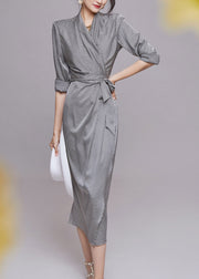 Sexy graue Chiffon-Kleider mit V-Ausschnitt und Plaid-Taille und langen Ärmeln