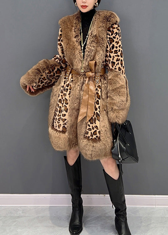 Sexy Leopard Fur Collar Print Patchwork Button Tie Waist Mink Velvet Leather And Fur Thick Coats Winter
