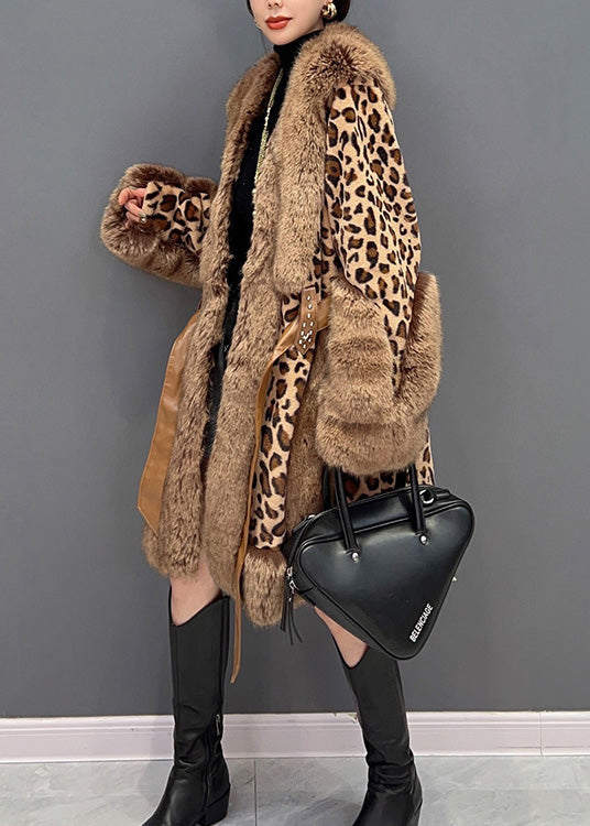 Sexy Leopard Fur Collar Print Patchwork Button Tie Waist Mink Velvet Leather And Fur Thick Coats Winter