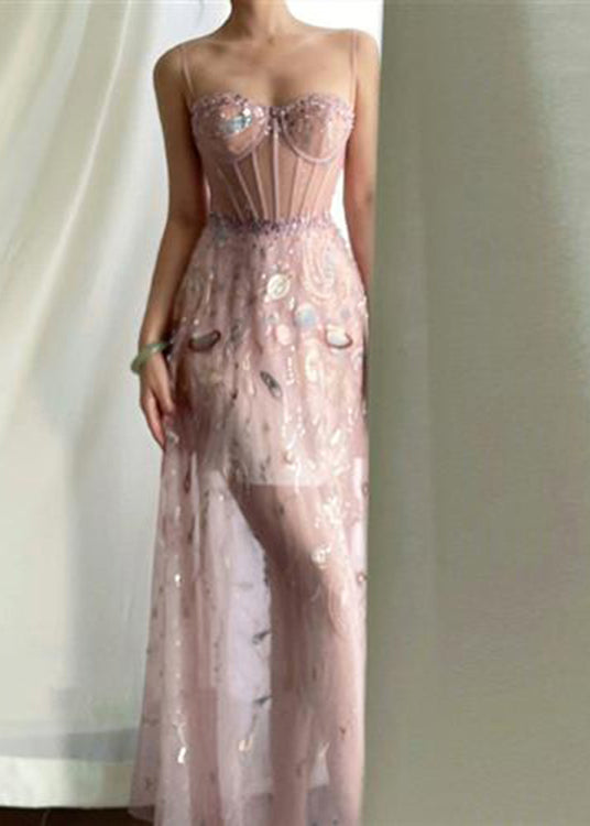 Sexy Pink Embroidered Sequins Slim Fit Tulle Maxi Dresses Sleeveless