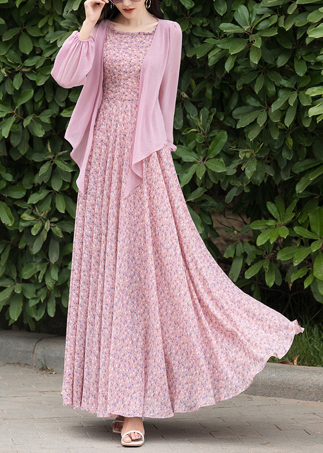 Sexy Pink Print Chiffon Cardigan And Slip Dress Two Pieces Set Spring