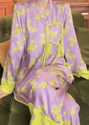 Sexy Purple O-Neck Print Button Ice Silk Pajamas Two Piece Set Spring