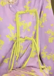 Sexy Purple O-Neck Print Button Ice Silk Pajamas Two Piece Set Spring
