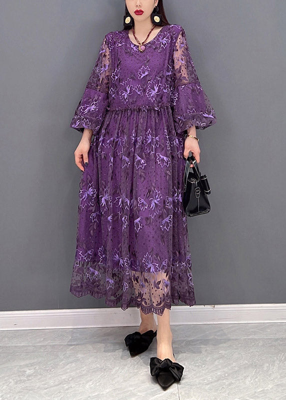 Sexy Purple O-Neck Ruffled Print Lace Long Dress lantern sleeve
