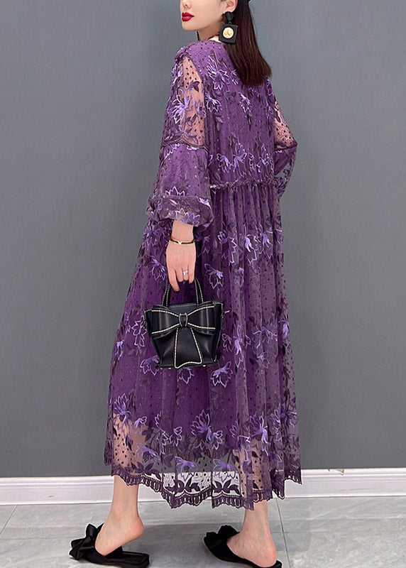 Sexy Purple O-Neck Ruffled Print Lace Long Dress lantern sleeve