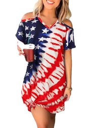 Sexy Red Blue V Neck Independence Day Print Off The Shoulder Spaghetti Strap Mid Dress Short Sleeve