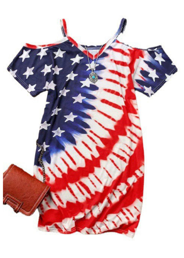 Sexy rot-blauer V-Ausschnitt Independence Day Print schulterfreier Spaghetti-Träger, mittellanges Kleid mit kurzen Ärmeln