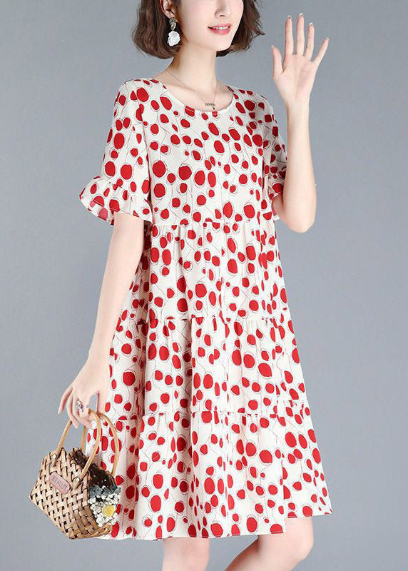 Sexy Red O-Neck Dot Print Wrinkled Mid Dresses Short Sleeve