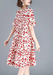 Sexy Red O-Neck Dot Print Wrinkled Mid Dresses Short Sleeve