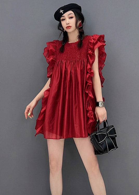 Sexy Red O-Neck Ruffles Wrinkled Chiffon Dress Short Sleeve