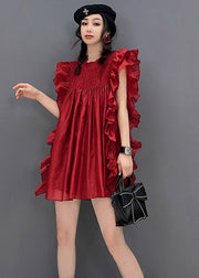 Sexy Red O-Neck Ruffles Wrinkled Chiffon Dress Short Sleeve