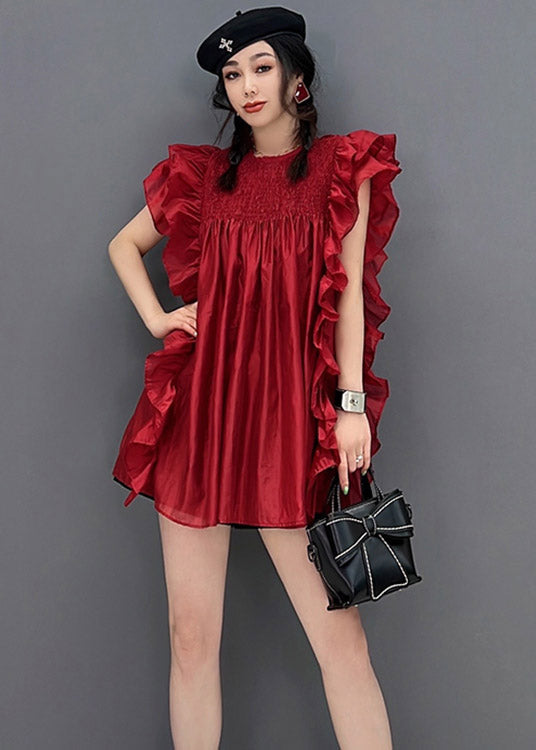 Sexy rotes O-Neck Rüschen zerknittertes Chiffon-Kleid mit kurzen Ärmeln