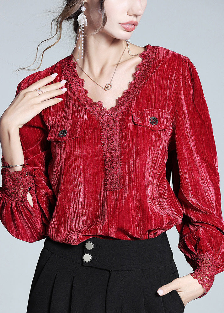 Sexy Red V Neck Lace Patchwork Silk Velour Top Long Sleeve