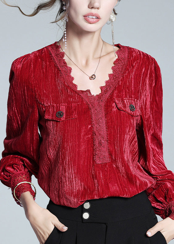 Sexy Red V Neck Lace Patchwork Silk Velour Top Long Sleeve