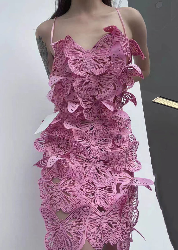 Sexy Rose Butterfly Hollow Out Zircon Spaghetti Strap Dress Summer