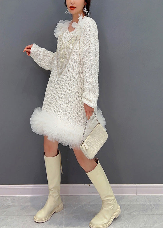 Sexy White O-Neck Tulle Patchwork Knit Dress Long Sleeve