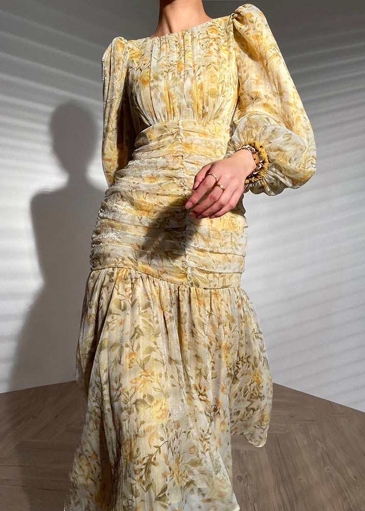 Sexy Yellow O-Neck Zippered Print Wrinkled Maxi Dress Long Sleeve