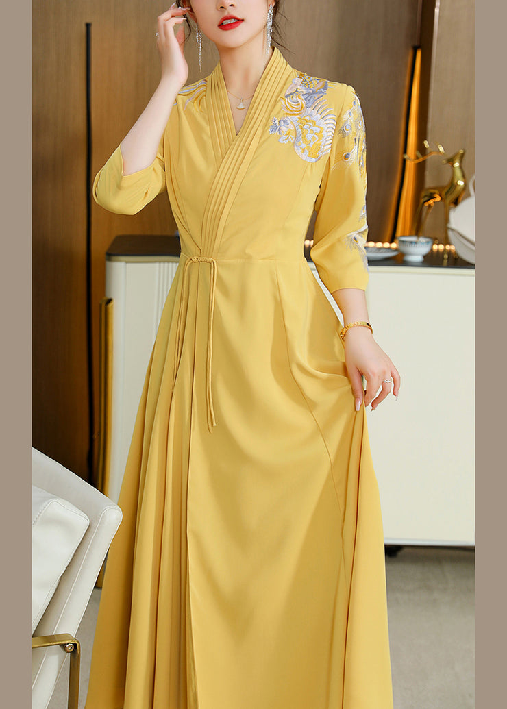 Sexy Yellow V Neck Embroidered Drawstring Satin Long Dresses Fall