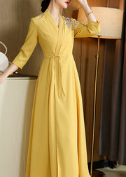 Sexy Yellow V Neck Embroidered Drawstring Satin Long Dresses Fall