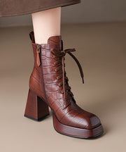 Sheepskin Brown Chunky Heel Boots Fashion Splicing Cross Strap