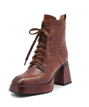 Sheepskin Brown Chunky Heel Boots Fashion Splicing Cross Strap