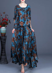 Silk floral irregular dress blue - SooLinen