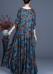 Silk floral irregular dress blue - SooLinen